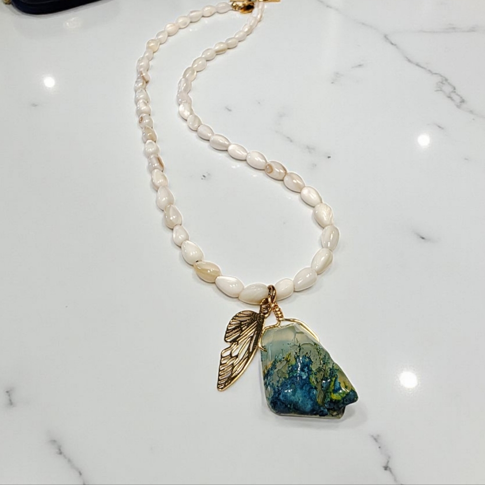 SALE!!Dragon's Vein Agate Pendant with Shell beads and Gold Butterfly Wing Charm